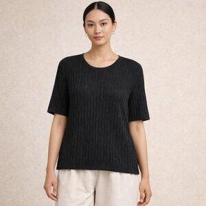 Vintage Talbots Black Silk Cable Knit Top Size L Short Sleeve Classic Minimalist